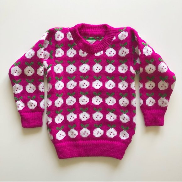Girls Vintage Hand Knit Berry Pink Novelty Sweater - Picture 2 of 7